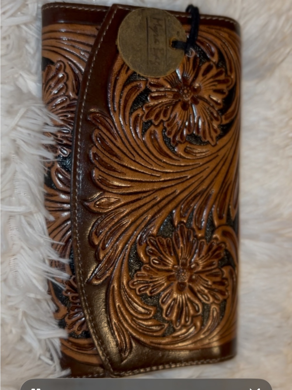 Myra Bag Tooled Brown Floral Leather Wallet with Brass Medallion